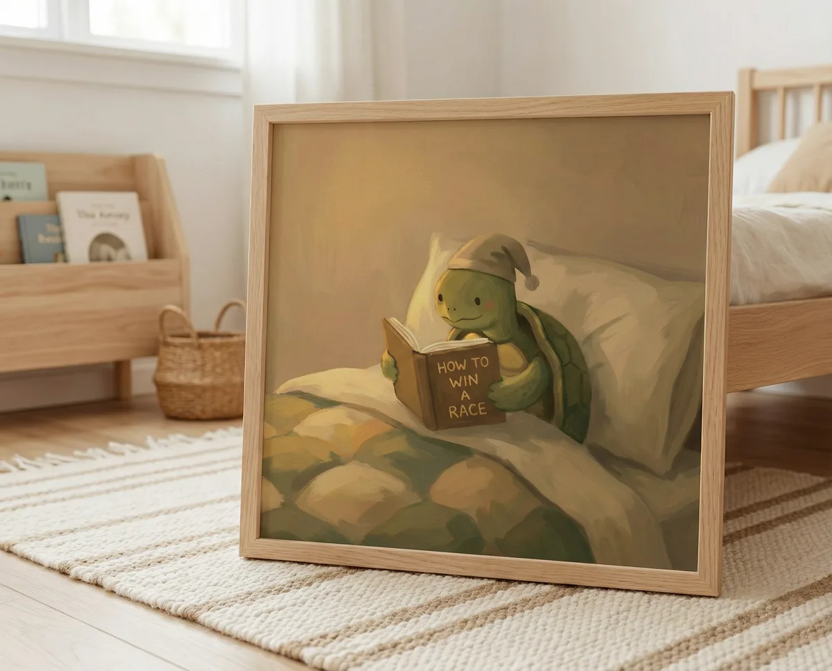 Turtle on Cozy Bed reading a Book - printable wall art